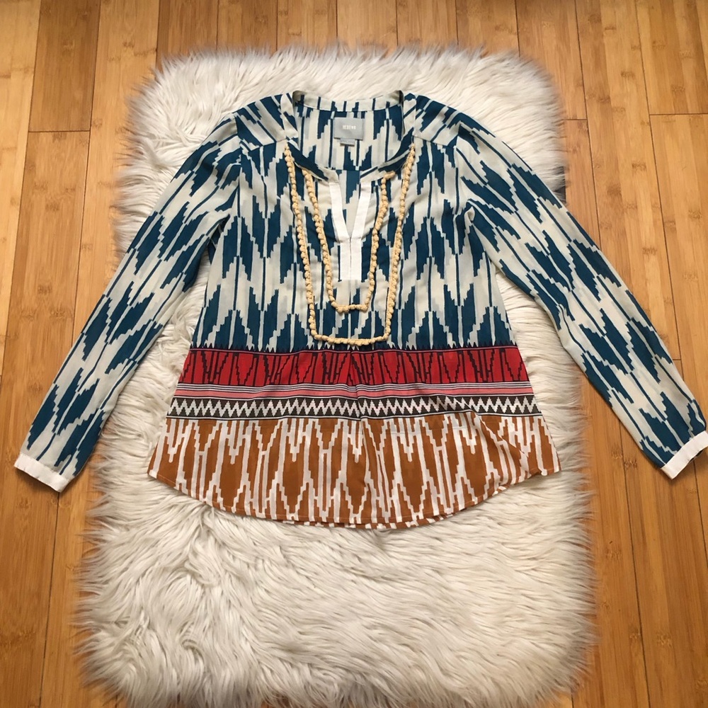 Maeve Anthropologie Rohana Boho Western Ikat Aztec Pom Pom Long Sleeve Blouse 4